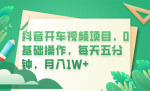 0基础也能月入1W+！每天只需五分钟，快速上手学会抖音开车视频赚钱项目！