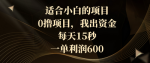零成本项目！小白也能轻松上手，我提供资金！每天仅需15秒，一单利润高达600！